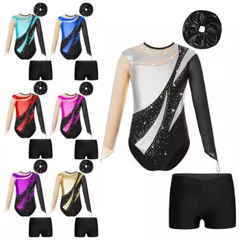 Гимнастический купальник для девочек с длинными рукавами и вырезом-замочной скважиной на спине с шортами с V-образным вырезом на талии 5-6 Years золотой/чёрный