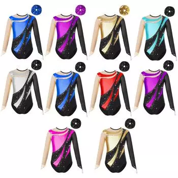 Гимнастический купальник для девочек, сетчатый, с длинным рукавом, вырезом-замочной скважиной на спине, металлический, пэчворк, с аксессуаром для волос 5-6 Years чёрный/золотой