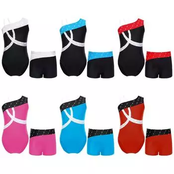 Гимнастический трико, балетный наряд, детский гимнастический комбинезон без рукавов с косыми плечами и блестящими стразами для девочек, шорты-боксеры 5-6 Years красный/чёрный