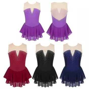 Гимнастический трико без рукавов для девочек с юбкой, платье для фигурного катания на коньках, костюм для соревнований по катанию на роликовых коньках 9-10 Years чёрный