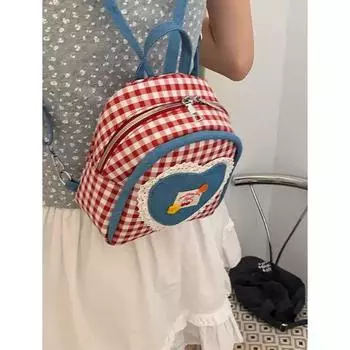 Gingham Canvas Bag Female 2025 New Arrival Special-Interest Design Tide Fashion Preppy Style Backpack Cartoon Cute Backpack Red