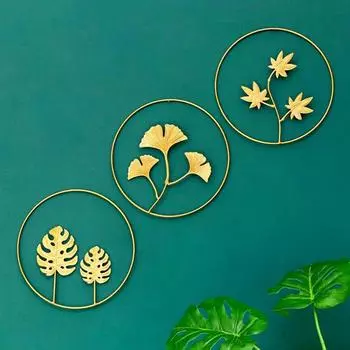 Ginkgo Leaf Wall Hanging Decor Metal Frame Ornament Iron Gold Palm Maple Leaf Wall Pendant for Background Living Room Home Decor