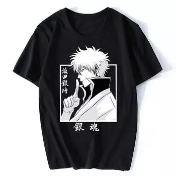 Gintama Sakata Gintoki крутая мужская летняя повседневная футболка аниме хлопковая футболка хип-хоп футболка большие размеры Harajuku уличная одежда XS чёрный
