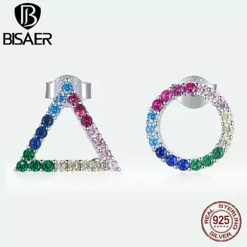 Гипоаллергенные серьги-гвоздики BISAER из стерлингового серебра 925 пробы для женщин, красочные геометрические серьги с кубическим цирконием