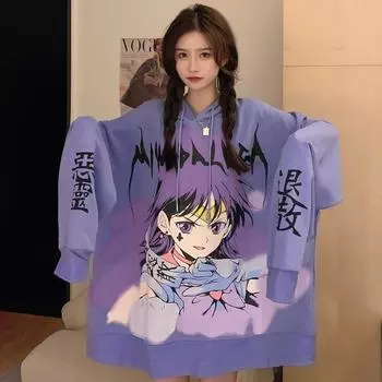 Куртка с капюшоном для девочек с рисунком из мультфильма, женская, с длинным рукавом, женская, свободного покроя, свитшот, топ XL чёрный