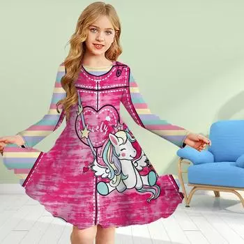 Повседневное платье для девочек с 3D-принтом, розовым единорогом в форме сердца, круглым вырезом и длинными рукавами, детское платье принцессы 80 розовый