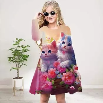 Повседневное платье для девочек с 3D-принтом, розовое, с круглым вырезом и длинными рукавами, детское платье принцессы 80 красный