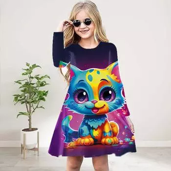 Повседневное платье для девочек с 3D-принтом, фиолетовым эльфом и котом, с круглым вырезом и длинными рукавами, детское платье принцессы 80 фиолетовый