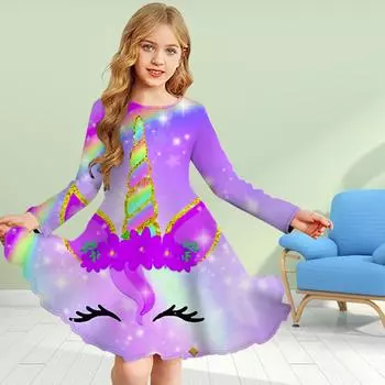 Повседневное платье для девочки с 3D-принтом, фиолетовым улыбающимся лицом, круглым вырезом и длинными рукавами, детское платье принцессы 80 белый