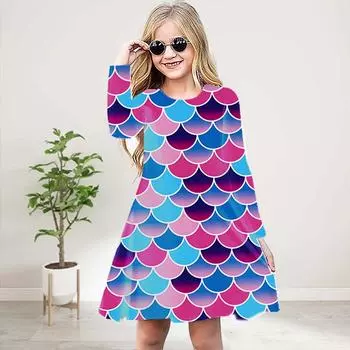 Повседневное платье для девочек с 3D-принтом и блестящими рыбьими чешуйками, круглым вырезом и длинными рукавами, детское платье принцессы 80 фиолетовый