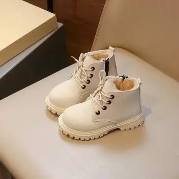 Girl Child Boots Winter Versatile Boys Cotton Boots Warm Plush Kids Causal Ankle Boots Fashion Matte Leather Non-slip Round-toe 21 бежевый