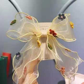 Girl Children Long Ribbon Fairy Cute Hairpin Fashion Accessories Korean Spring Summer Color Flower Organza Large Hair Clips