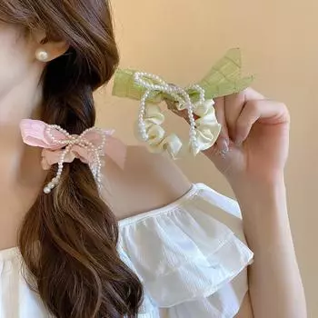 Girl Cloth Hair Band Bow Hair Rope Bowknot Pearl Bow Hair Tie Cute Large Intestine Hair Rope Kids белый