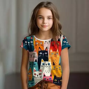 Girl Clothes Summer Cartoon Cat Graphic Children s Clothing Doodling Short Sleeve O-Neck Top 160