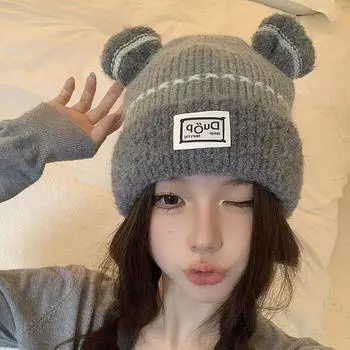 Girl cute bear thickened fleece knitted hat winter age-reducing cartoon double ball wool hat M56-58cm чёрный