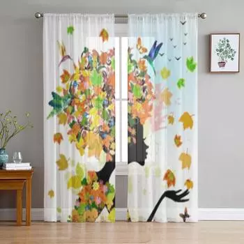 Girl Fashion Flowers In Autumn Tulle Curtains For Living Room Sheer Curtain Bedroom Veil Organza Decorative Window Treatments 135W x 114H(cm)