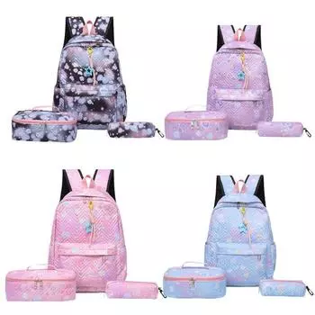 Девушка Цветок Печатный Начальная Средняя Школа Университета Портфель Для Книги Ланч Сумка Пенал 3 шт Рюкзак Наборы Молодежные Школьные Рюкзаки синий