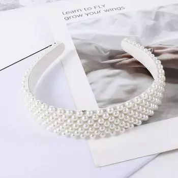 Girl Ladies Sweet Elegant Pearl Big Wide-Brim Head Hoop Hair Accessories Pearl Hair Band Headband белый