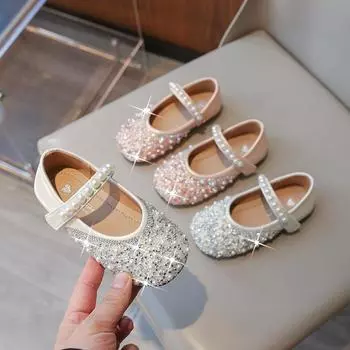Girl Leather Shoes Mary Jane Luxury Rhinestone Kid Princess Pearl Dress Flat Shoes Fashion Elegant Shallow Children Single Shoes 25 бежевый