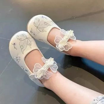 Girl Leather Shoes Mary Jane Sweet Embroider Butterfly Children Hanfu Performance Single Shoes Fashion Kids Princess Dress Shoes 26 зелёный
