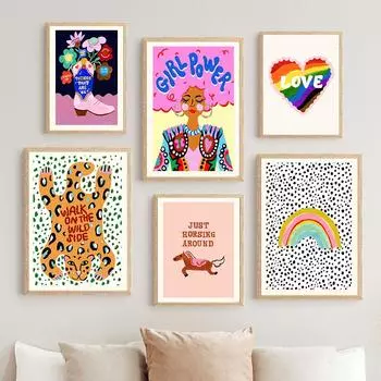 Girl Power Rainbow Холст Картины, Сердце Любви, Собака, Кошка, Лошадь, Сапоги и Принты, Настенное Искусство, Постеры, Картины для Украшения Спальни 21X30cm No Frame