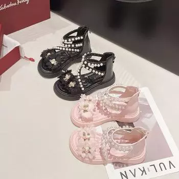 Girl Princess Dress Sandals Summer Chic Flower Children Wedding Party Sandals Fashion Beading Kids Causal Roman Sandals Open-toe 26 чёрный