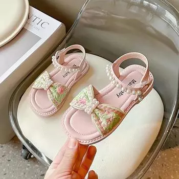 Girl Princess Dress Sandals Summer New Chinese Embroider Style Children Flat Sandals Fashion Open-toe Kids Causal Hanfu Sandals 23 розовый