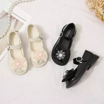 Girl PU Leather Shoes Sweet Bowknot Flower Kids Pearl Shallow Mouth Casual Mary Janes Princess Dress Shoes Rubber Non-slip Soled 26 чёрный