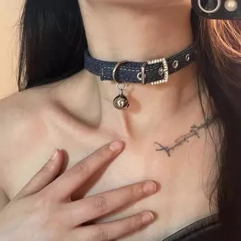 Girl Pure Desire Джинсовая ткань Колокольчик на шею Y2K Spice Girl Ошейник-чокер Нишевый дизайн Универсальное ожерелье