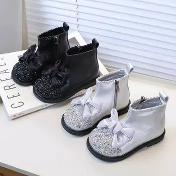 Girl s Ankle Boot Korean Style Sequins Children Princess Boots Bowknot Versatile Kids Causal Short Boots Spring Autumn Fashion 23 чёрный