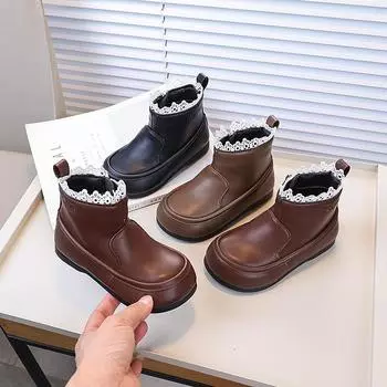 Girl s Ankle Boot Ruffled Edge Sweet Children Princess Black Boots Fashion Versatile Kids Elegant Short Leather Boots Non-slip 21 коричневый