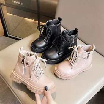 Girl s Ankle Boot Spring Autumn Breathable Children s Fashion Boots Kids Black Shorts Leather Boots Side Zipper 2024 New 26 чёрный