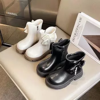 Детские кожаные ботильоны на щиколотке на зиму, шикарные с бантиком, милые модные повседневные принцессные хлопковые ботинки для детей, нескользящая мягкая подошва 26 чёрный