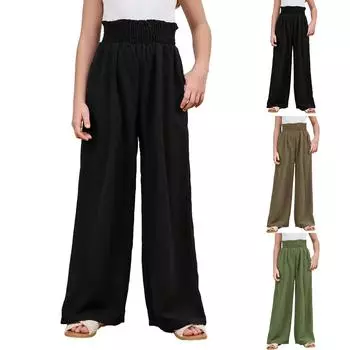 Girl s Linen High Waist Smocked Paperbag Wide Leg Pants Long Trousers M армия зеленый