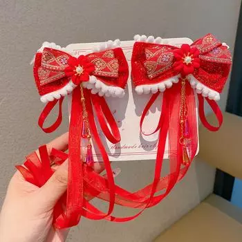 girl s red festive New Year hair accessory Hanfu headwear children s Chinese style princess bow tassel clip