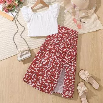 Girl s Suit Children s Clothing Spring and Summer New Fashion Fly-sleeved Top + Floral Print Half-body Skirt 130cm/8Y