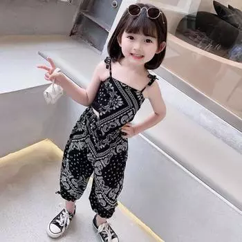 Girl s Summer Thin Suit Middle and Small Children Sleeveless Personalized Halter Top + Anti-mosquito Pants Daily Two-piece Set 130 белый