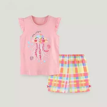 Костюм с короткими рукавами для девочек, лето 2024, детская одежда, футболка для малышей + шорты в клетку, комплекты из 2 предметов, повседневная одежда 4Y