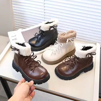 Girl Winter Boots Sweet Chic Children Platform Ankle Boots Elegant Bowknot Versatile Kids Fashion Cotton Boots New Solid Color 26 чёрный