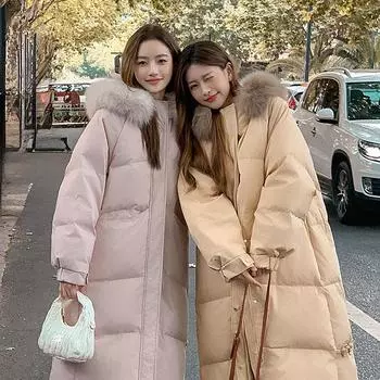 Хлопковая одежда подруги, женская зимняя утолщенная куртка выше колена с большим меховым воротником и китайским узлом M розовый
