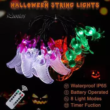 Гирлянда для Хэллоуина с дистанционным управлением, водонепроницаемая, 8 режимов освещения, на батарейках, гирлянда с летучей мышью, пауком и тыквой 1 Set