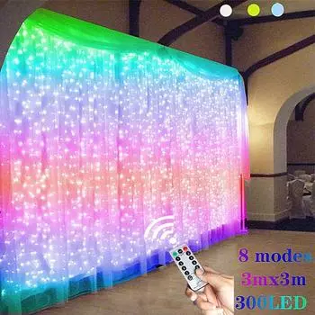Гирлянда для занавесок, гирлянда, 8 режимов с дистанционным управлением, рождественская вечеринка, свадебный светильник, декоративные светильники с питанием от USB(3х1М/3х2М/3х3М)) 3M*1M белый