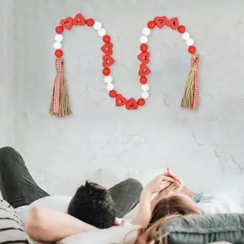 Гирлянда из деревянных бусин ко Дню святого Валентина, нанизанные бусины с кисточками и бусины в форме сердечек, деревенская гирлянда из бусинок в форме сердечек для многоярусного подноса, свадебный декор красный