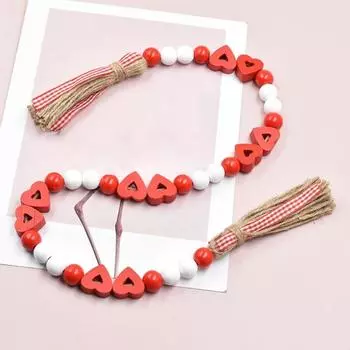 Гирлянда из деревянных бусин ко Дню святого Валентина, нанизанные бусины с кисточками и бусины в форме сердечек, деревенская гирлянда из бусинок в форме сердечек для многоярусного подноса, свадебный декор красный