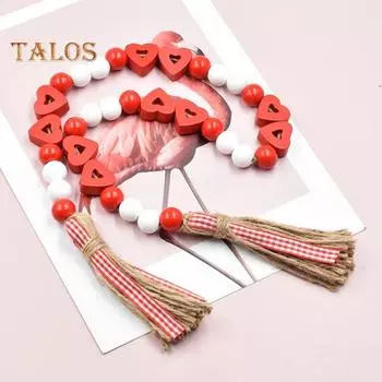 Гирлянда из деревянных бусин ко Дню святого Валентина, нанизанные бусины с кисточками и бусины в форме сердечек, деревенская гирлянда из бусинок в форме сердечек для многоярусного подноса, свадебный декор красный