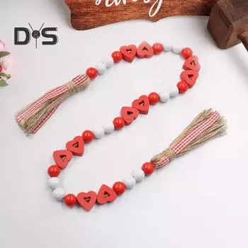Гирлянда из деревянных бусин ко Дню святого Валентина, нанизанные бусины с кисточками и бусины в форме сердечек, деревенская гирлянда из бусинок в форме сердечек для многоярусного подноса, свадебный декор красный