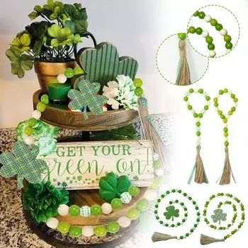 Гирлянда из деревянных бусин на день Святого Патрика с украшениями кисточками, гирлянда из зеленых деревянных бусин, многоуровневый декор для подноса, настенный домашний декор One Size