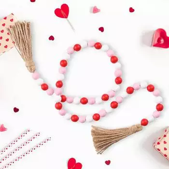 Гирлянда из деревянных бусин на День Святого Валентина с кисточками, деревенская гирлянда из деревянных бусин, подвесные деревянные украшения в форме сердца любви One Size