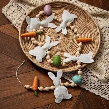 Гирлянда из пасхальных кроликов, фетровые кролики, морковки с деревянными бусинами, пасхальная гирлянда с баннером, весеннее украшение для дома, настенное украшение для каминного стола C