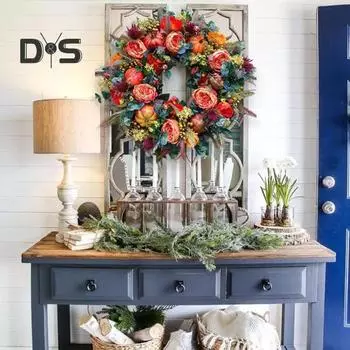 Гирлянда из пионов и тыкв, осенняя реалистичная гирлянда из пионов и тыкв для входной двери, многоразовый венок для фермерского дома на День благодарения, Хэллоуин, сезонный 30*30cm